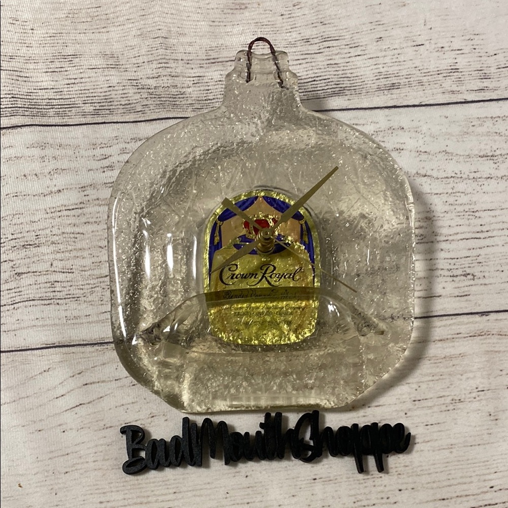 Handmade Upcycled Recycled Crown Royal Liquor Bottle Glass Display Clock